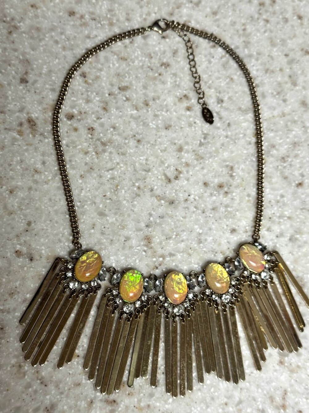 Bold gold tone necklace, signed ETC!, faux opals, rhinestones, excellent cond